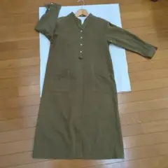 Human Woman❤オリーブ色 ボタン付き七分袖シャツワンピース