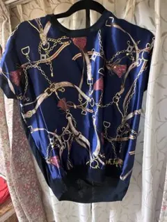 ネイビー チェーンプリント 半袖トップス、カーディガンセット