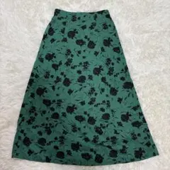 coca✨花柄ミモレ丈フレアスカート✨グリーン✨総柄派手✨クラシカル✨オフィカジ