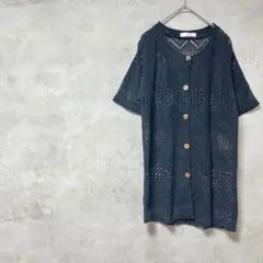 ヘルシーカレン　半袖ニットシャツ　黒　かぎ編み　綿混　春夏　薄手　コットンのサムネイル