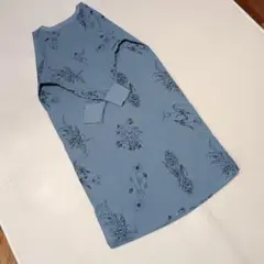 フェリシモ　青い花柄の長袖ひざ丈　綿ワンピース　M 　9号　キーネック　ブルー