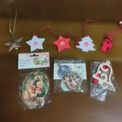 クリスマス木製オーナメントセット6点+フェルト製ハウス　金属製　スター