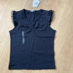 新品　フリル付きブラックノースリーブTシャツ Lサイズ