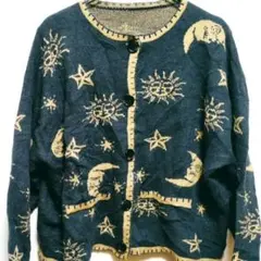 CIDER 月 星 総柄 ニットカーディガン【XL】ネイビー