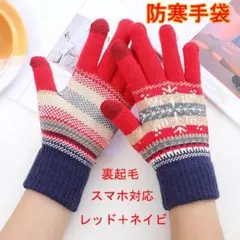 防寒手袋 レッド スマホ対応 裏起毛 グローブ 男女兼用 ニット レディース