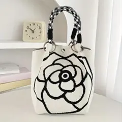 カメリア柄 ニットトートバッグ 白