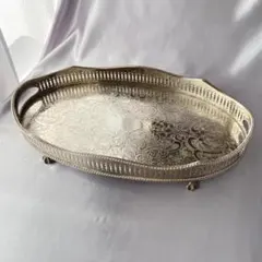 【英国】 ギャラリートレー オーバル型 36cm 【シルバープレート】装飾フット