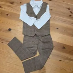 フォーマルスーツ ブラウン系チェック 130cm 3点セット　結婚式　セレモニー