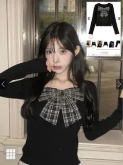 チェック柄リボンドッキングリブニットトップス[gn548]