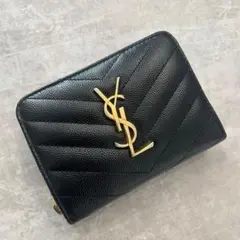 サンローランYSL ブラック 二つ折り財布 キルティング Vステッチ