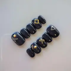 【現品】ネイルチップ☆ベリーショート　ネイビー幾何学ゴールド#409