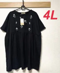 新品　しまむら　胸刺繍ギャザープルオーバー　ブラック　4Lのサムネイル