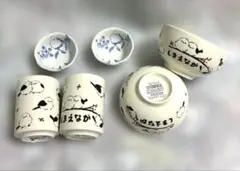セリア　シマエナガ　お茶碗　湯呑み　食器 6点セット 小鉢　湯呑　茶碗　藍染のサムネイル