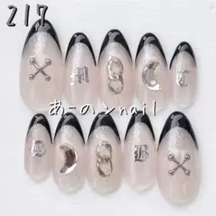 217番☆ネイルチップ 黒フレンチガーリーキラキラビジュー個性的韓国地雷個性派月