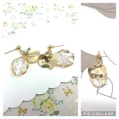 No.759☆ビジュー付花びら（ゴールド） ピアス イヤリング マスクチャーム