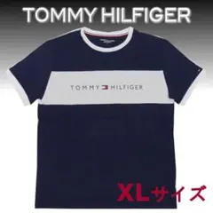 トミーヒルフィガー Tシャツ半袖 紺ネイビーホワイトラインロゴプリントXLサイズ