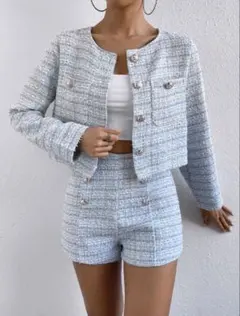 新品 shein シーイン ブルー 水色 ツイード セットアップ