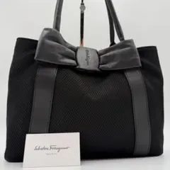 一品限り フェラガモ ヴァラリボンキャンバスレザートートバッグブラック