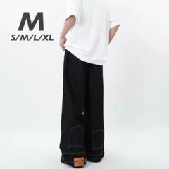 M黒デニムジーンズレッグパンツワイドパンツバギーパンツy2kストリート韓国秋冬