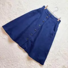 ☆【ナチュラルビューティーベーシック】S 紺 前ボタンスカート ひざ下 秋冬