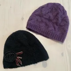 ニット帽 2個セット パープル ブラック フラワーアクセサリー取外し可