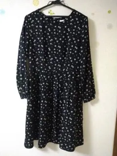 ハニーズ　グラシア　花柄 長袖 ひざ丈ワンピース ブラック