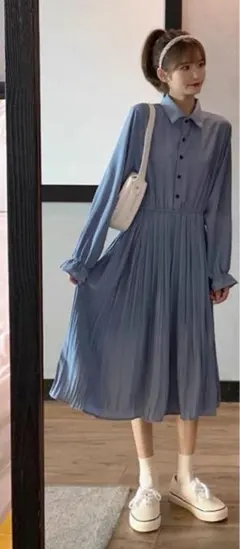 タイムセールブルー シャツワンピース 長袖プリーツ