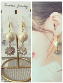 ハンドメイドピアス❤️上品大粒コットンパール×キラキラくすみブルーフラワーピアス❤️