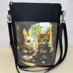 長財布が入る縦長ポシェット/311/斜めがけ/ハンドメイド/猫とウサギゴスロリ