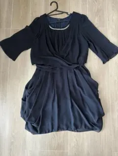 低身長◯ネイビードレープドレス ビジュー付き　結婚式　フォーマルワンピース