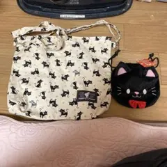 黒猫柄トートバッグポーチ付き