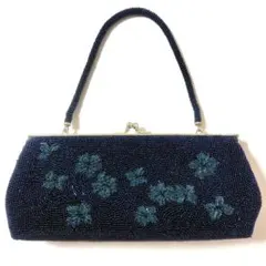 【昭和レトロ】★ビーズ刺繍 花柄 和装用バッグ　約10cm×横22cm　ネイビー