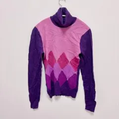 アーガイルパターン タートルネックセーター パープル 長袖 ニット Sサイズ