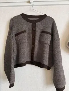 ヘリンボーンパターン クロップドニットカーディガン