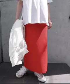 赤 リブ タイトロングスカート
