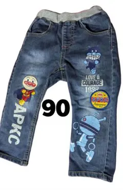 90cm　アンパンマンキッズコレクション　だだんだん　デニムパンツ　ワッペン