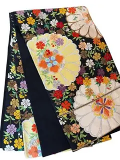 黒地 菊丸文 色彩小花散らし 袋帯 リユース品 436㎝ 振袖 訪問着