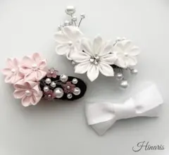 卒園式・入学式 髪飾り つまみ細工 白 ピンク リボン付き 3点セット