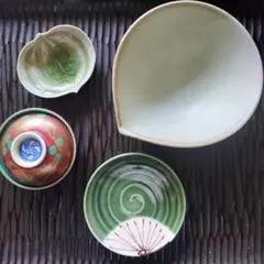 ４点セット 緑の小鉢　華山・赤の蓋物（薬味入れ）緑小皿　橘吉・緑薬味入れ