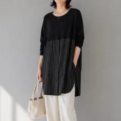 ワイズ［M］大人クール◎日本製◎ストライプ柄シャツドッキングカットソーチュニックのサムネイル