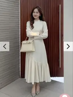 Birthday bashアイボリー 裾フリルロングワンピース