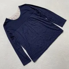 長袖カットソー ドット柄 切替デザイン ネイビー Lサイズ Uネック 紺 長袖
