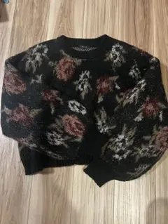 【JEANASIS 】ブラック花柄ニットクロップド丈 Fサイズ