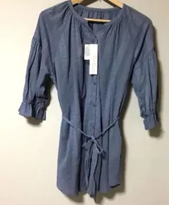 綿100% 新品　ロングブラウス　チュニック　フリル袖　水色　M