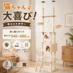 宇宙ボール2個付き！】突っ張り型キャットタワー 183-270cm(中古