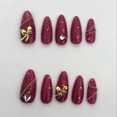 ネイルチップ 赤 ラメ アーモンドタイプ Sサイズ