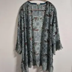 オシャレ ガウン 【2X】花柄 羽織 カーディガン テロン 海外古着 レース