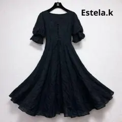 Estela.k ミラクルウェーブ ロング ドレス フレア パフスリーブ 黒のサムネイル