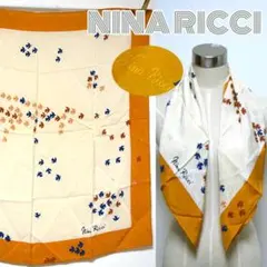 ニナリッチ■ロゴ織柄入り　鳥柄プリント大判シルクスカーフ　ブラウン系　ショール