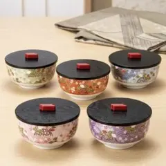 和食器 蓋付き丼ぶり 5客セット 華やか花柄 陶器製　カラフル　花柄　5色のサムネイル